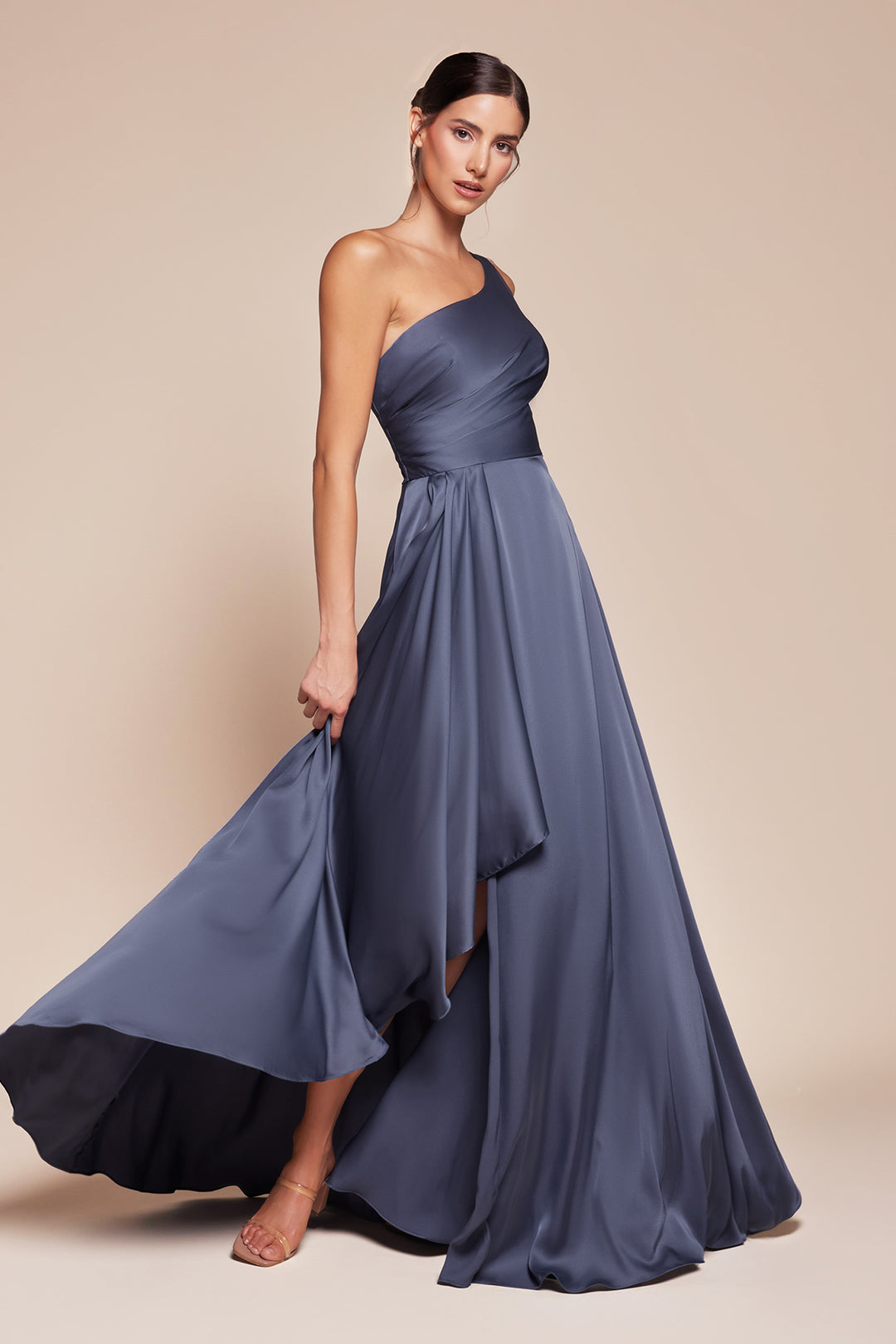 Satin One Shoulder A-line Slit Gown by Ladivine 7450