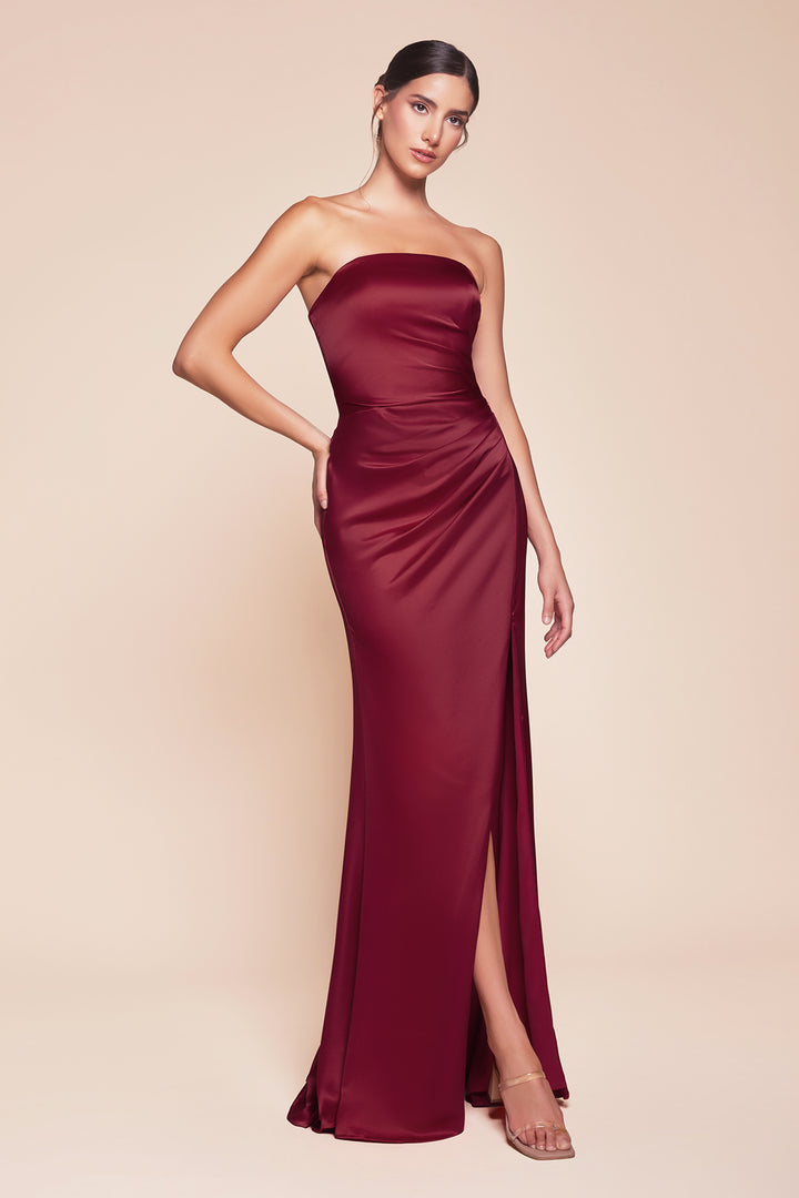 Fitted Satin Strapless Slit Gown by Ladivine 7451