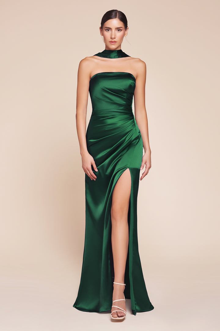 Fitted Satin Strapless Slit Gown by Ladivine 7451