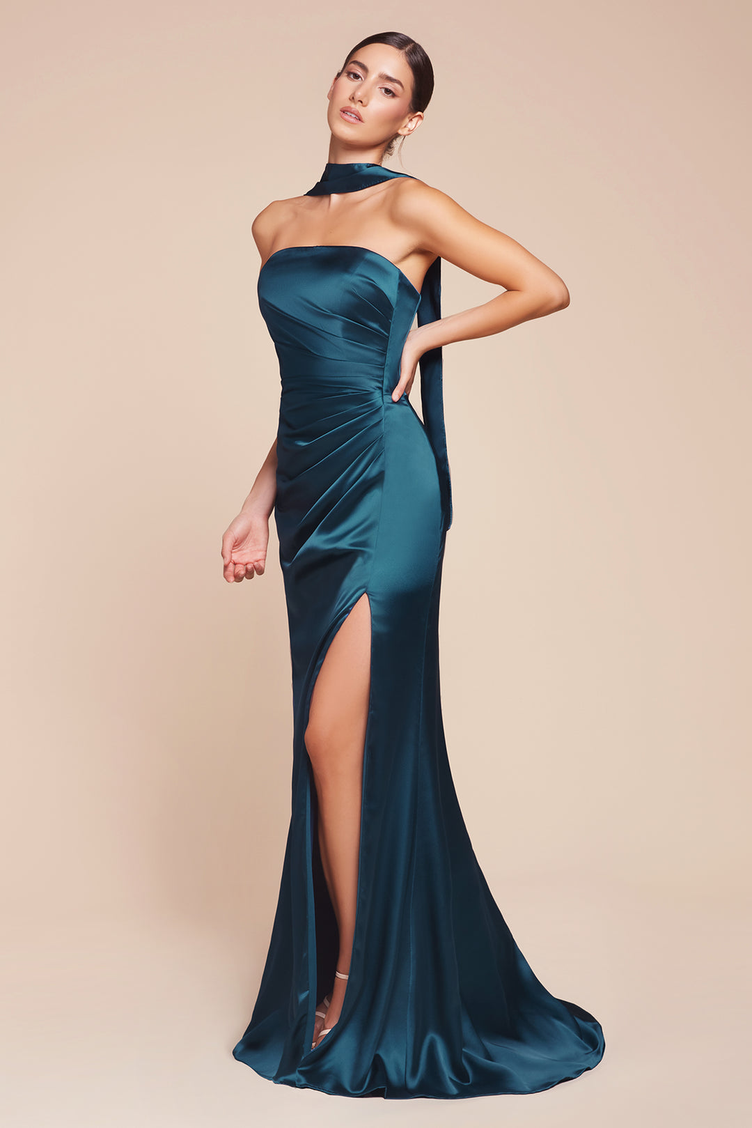 Fitted Satin Strapless Slit Gown by Ladivine 7451