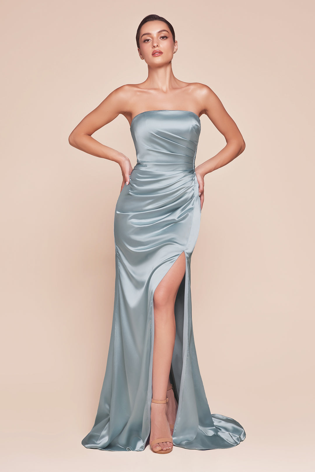 Fitted Satin Strapless Slit Gown by Ladivine 7451