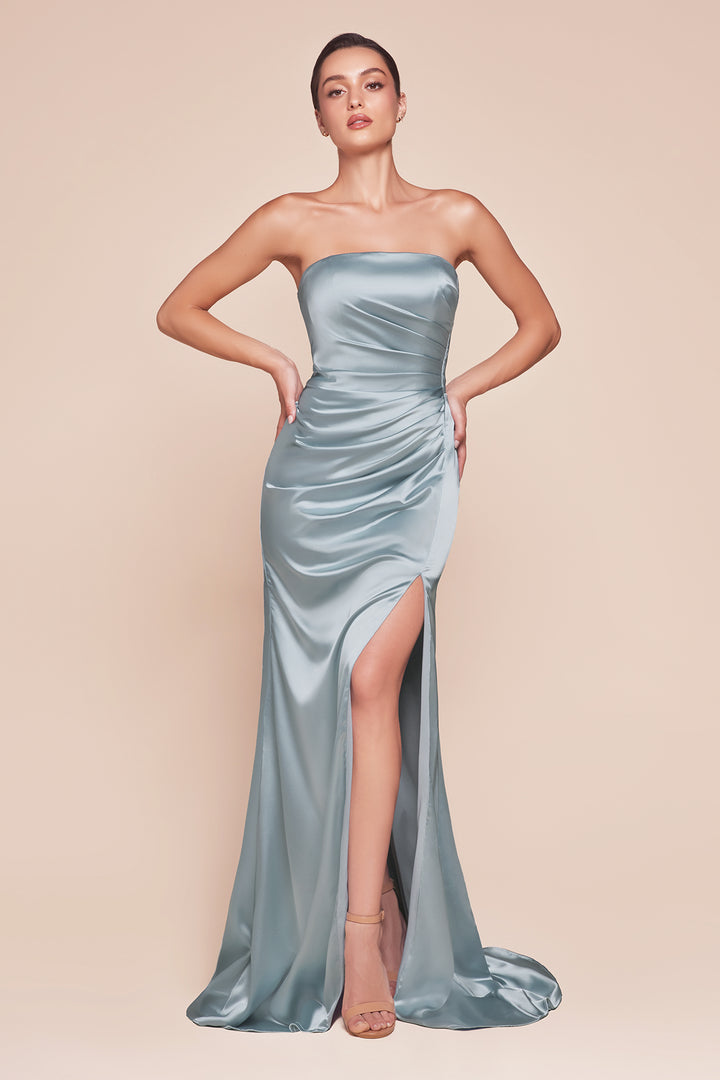 Fitted Satin Strapless Slit Gown by Ladivine 7451