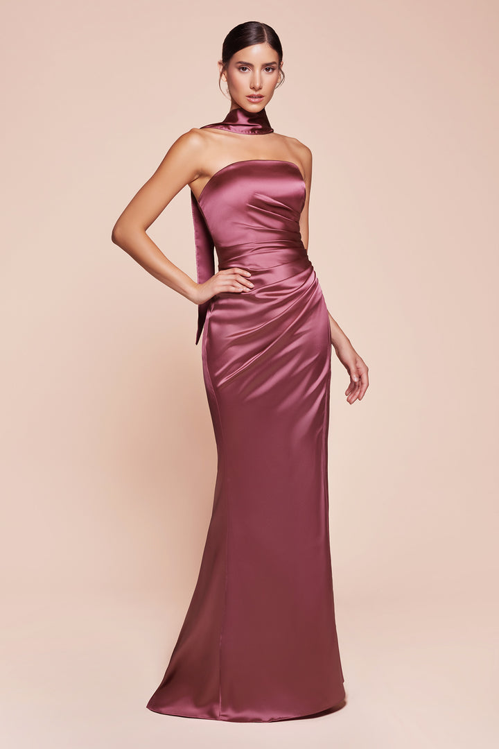 Fitted Satin Strapless Slit Gown by Ladivine 7451