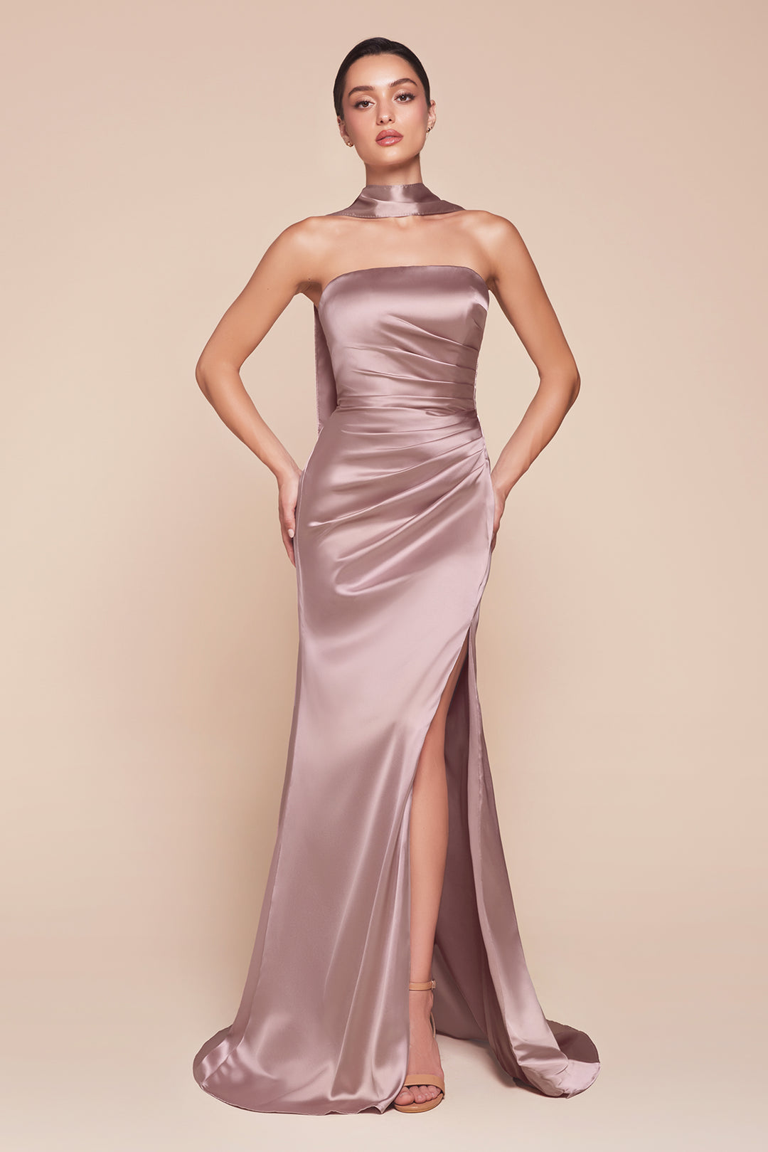 Fitted Satin Strapless Slit Gown by Ladivine 7451