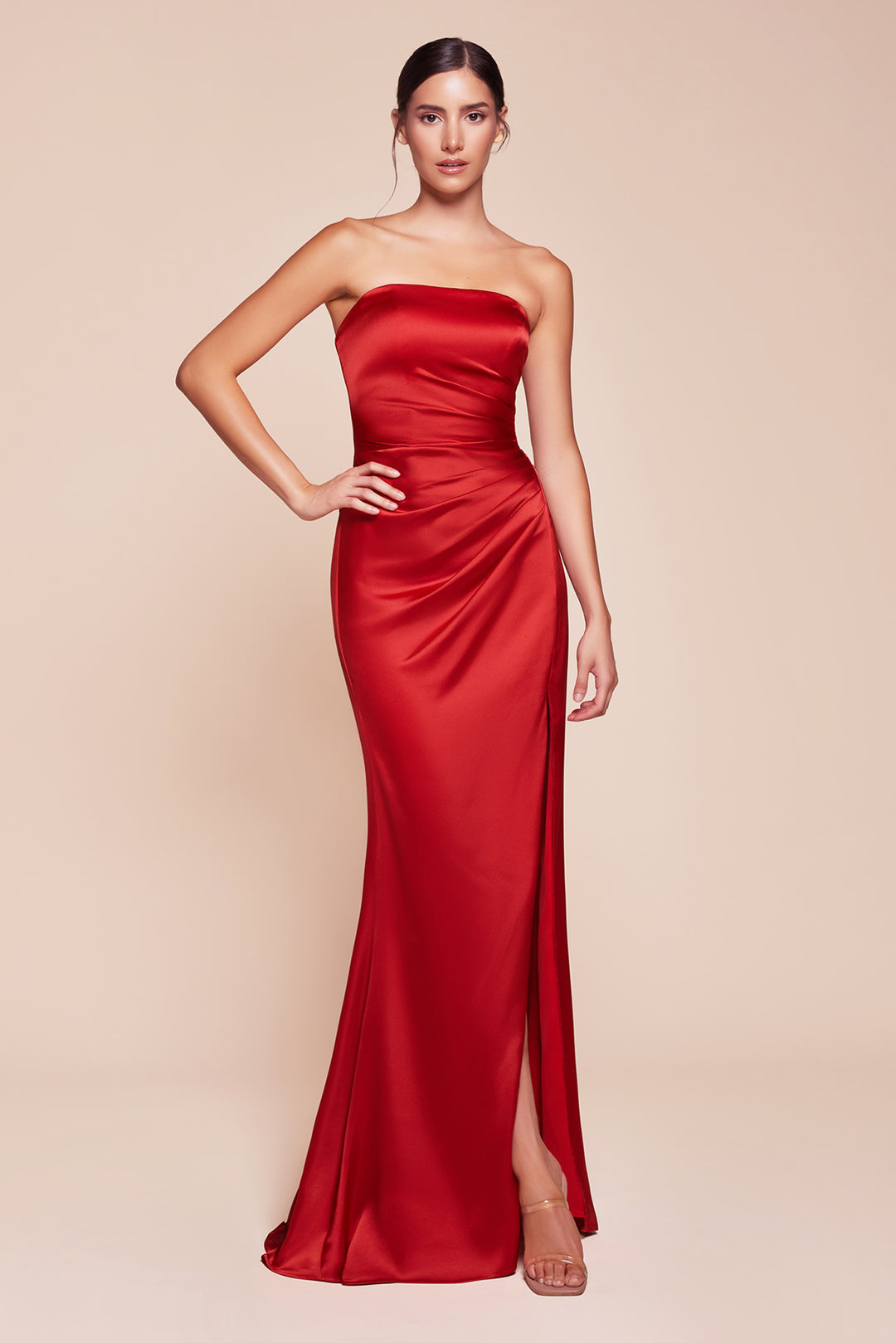 Fitted Satin Strapless Slit Gown by Ladivine 7451