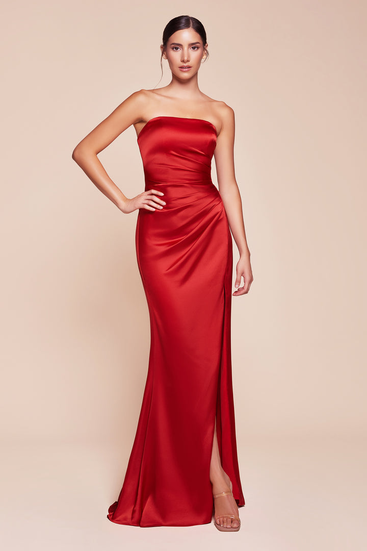 Fitted Satin Strapless Slit Gown by Ladivine 7451