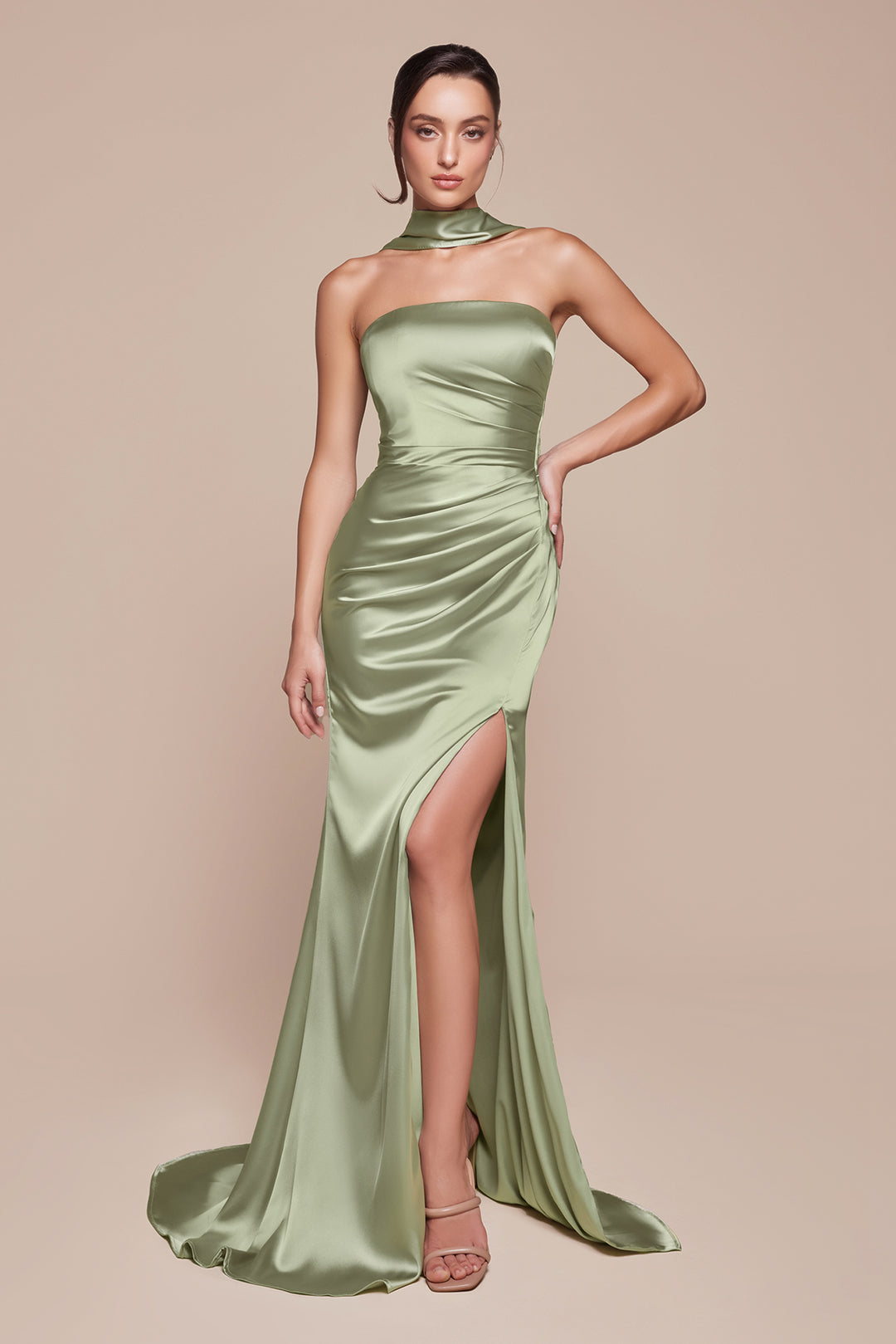 Fitted Satin Strapless Slit Gown by Ladivine 7451