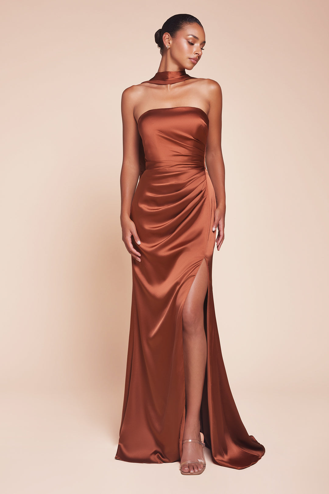 Fitted Satin Strapless Slit Gown by Ladivine 7451