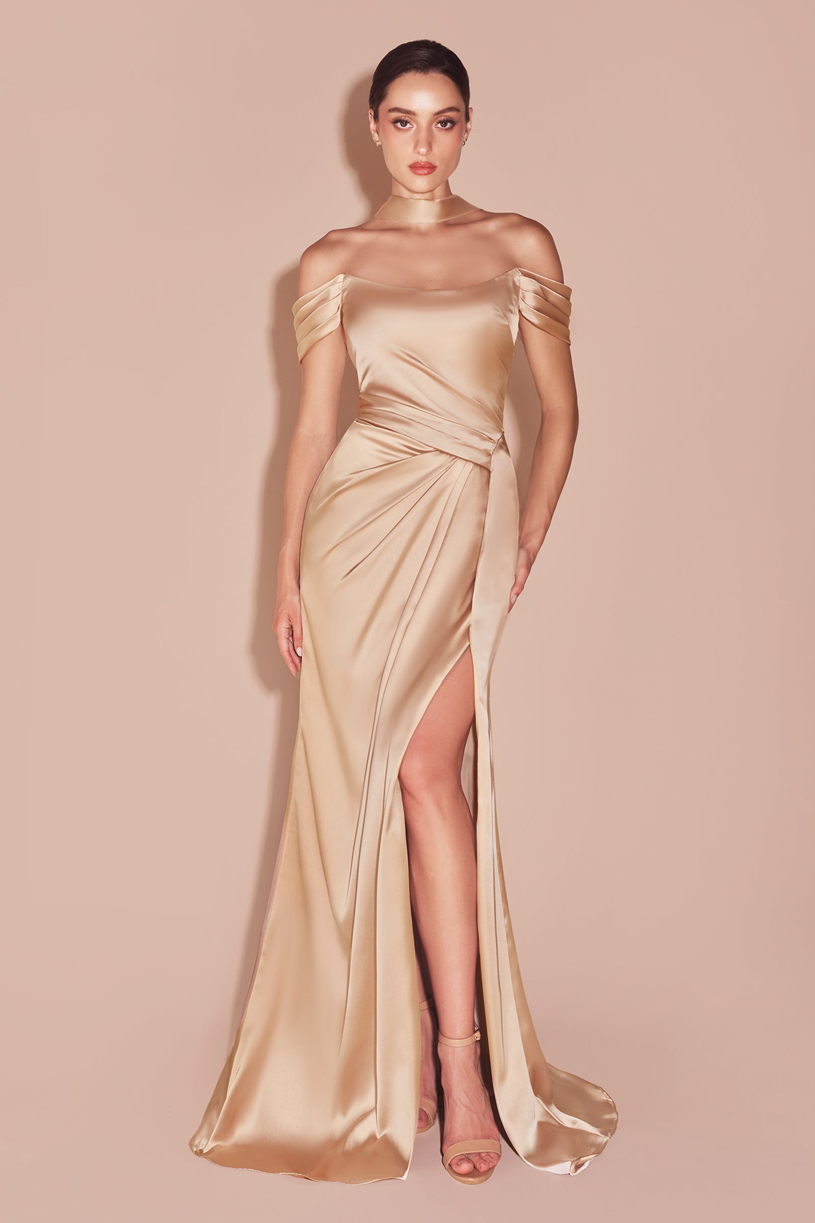 Satin Fitted Off Shoulder Slit Gown by Ladivine 7452 – ABC Fashion