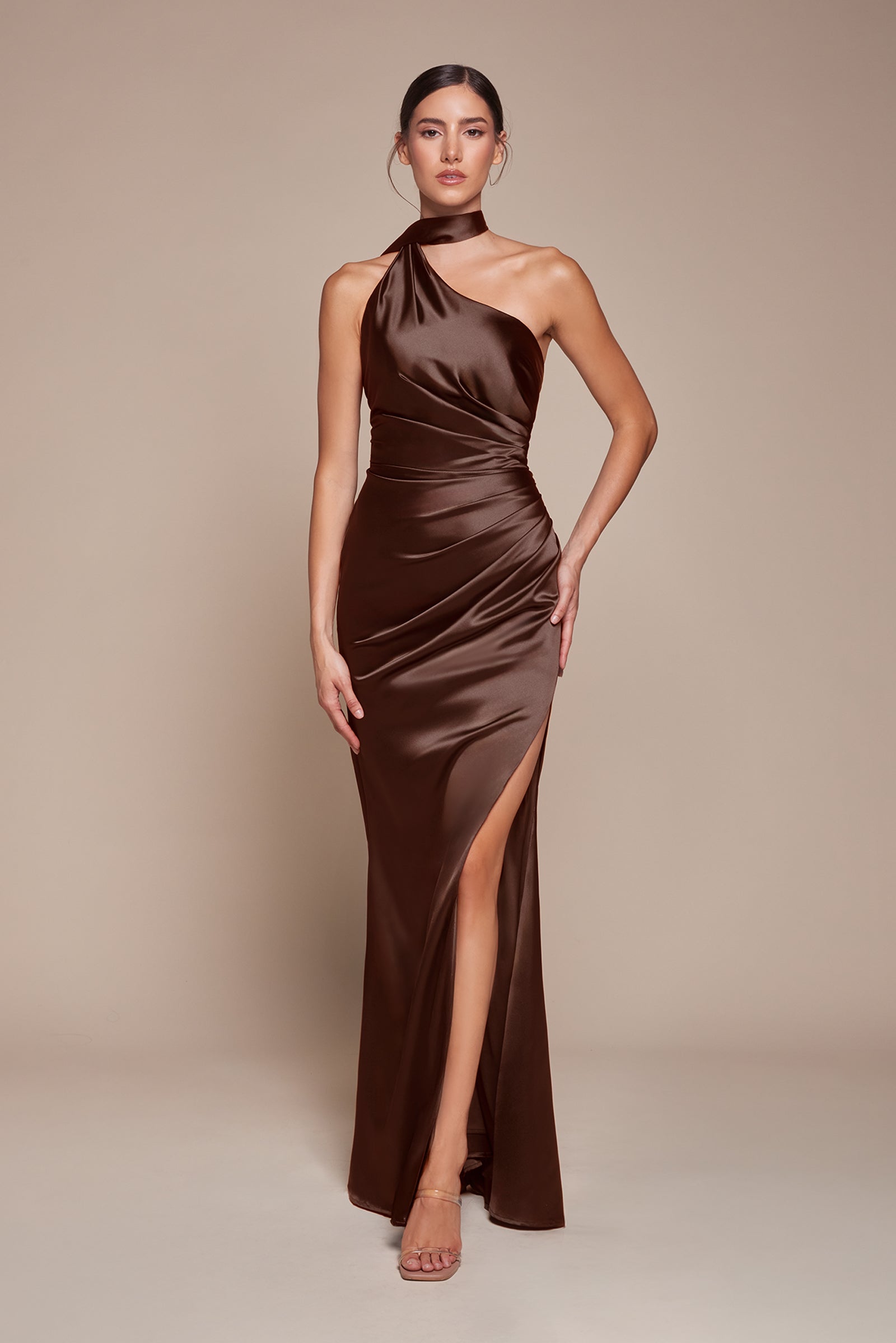 Satin Fitted One Shoulder Slit Gown by Ladivine 7454 – ABC Fashion