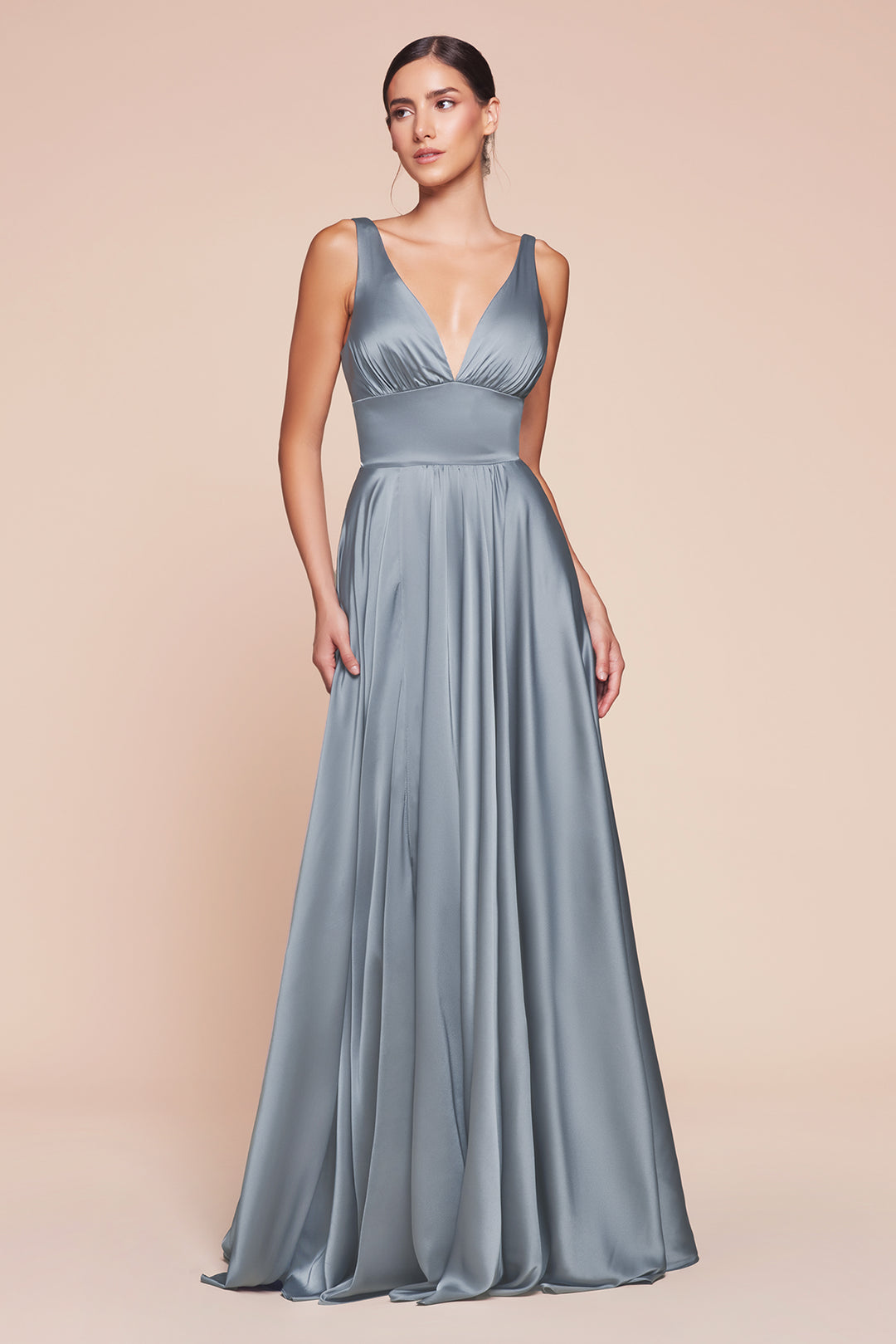 Long Satin V-Neck Dress with Slit by Cinderella Divine 7469
