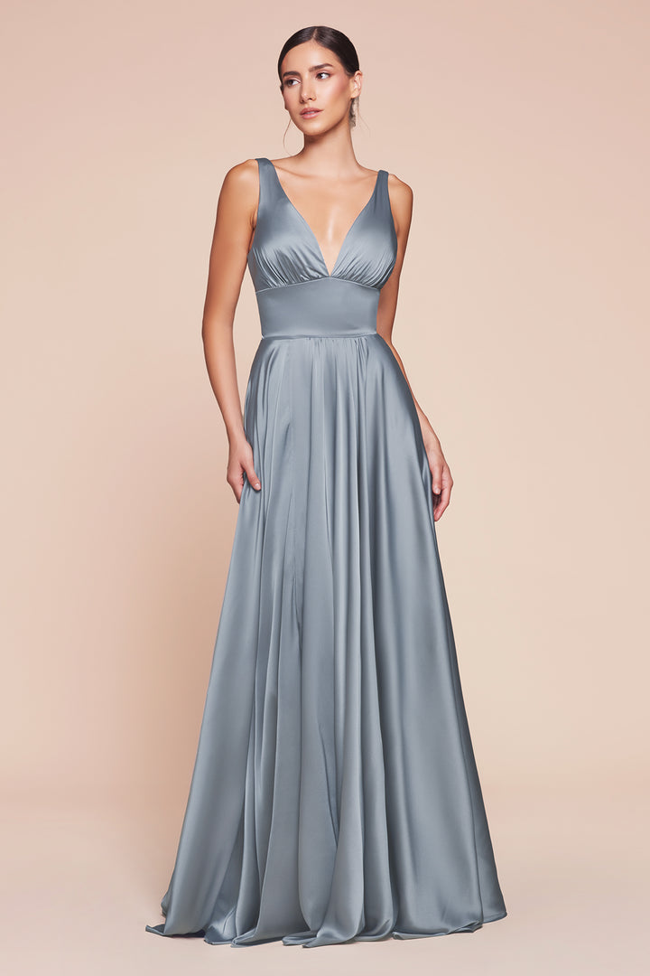 Long Satin V-Neck Dress with Slit by Cinderella Divine 7469