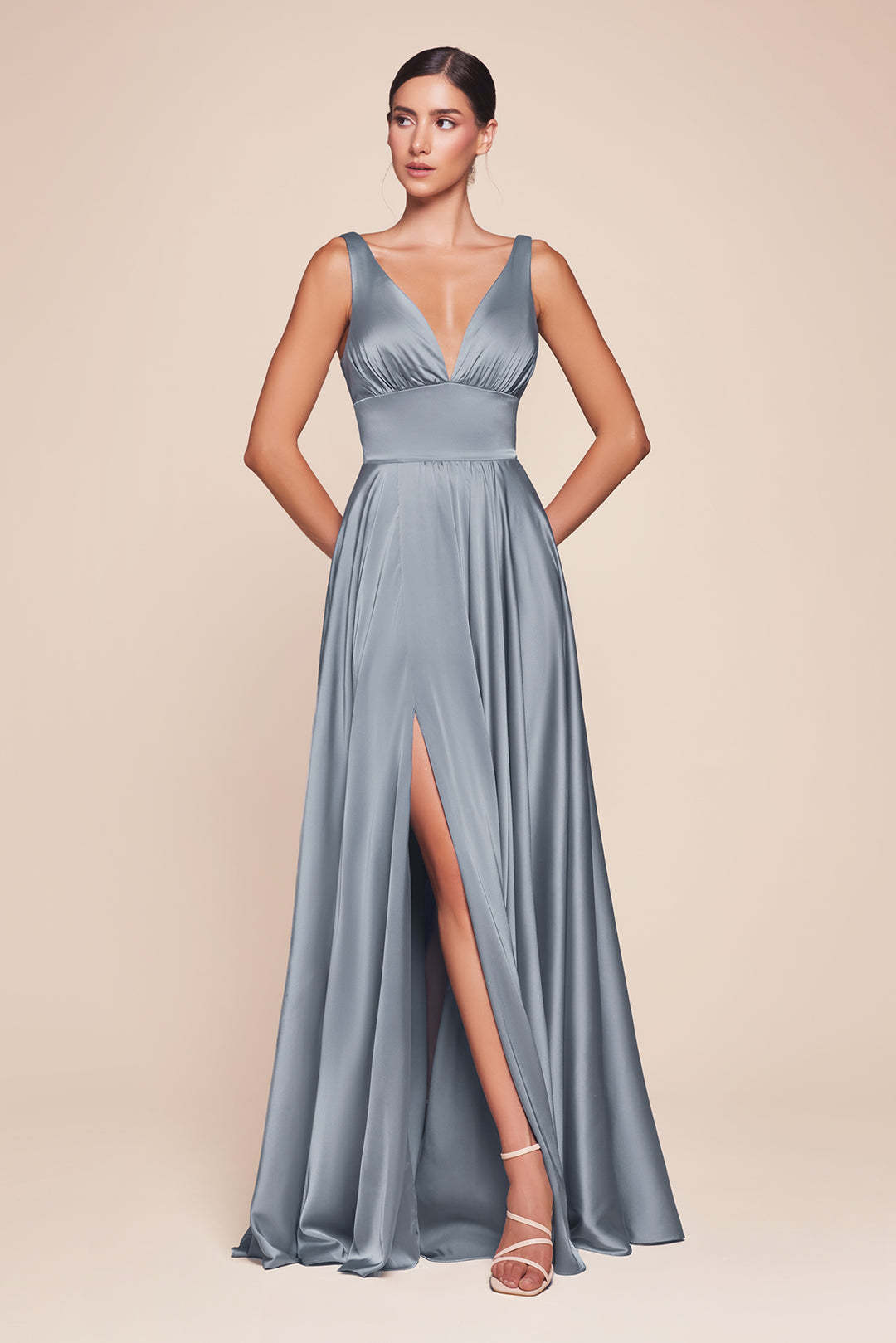 Long Satin V-Neck Dress with Slit by Cinderella Divine 7469