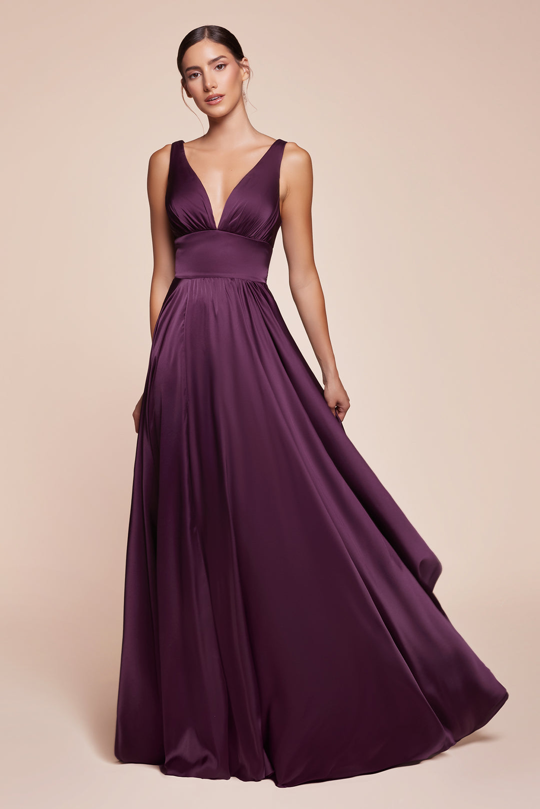 Long Satin V-Neck Dress with Slit by Cinderella Divine 7469