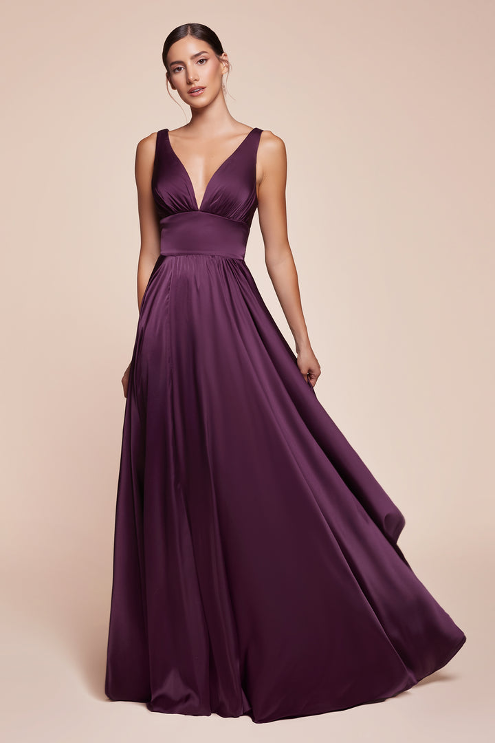 Long Satin V-Neck Dress with Slit by Cinderella Divine 7469
