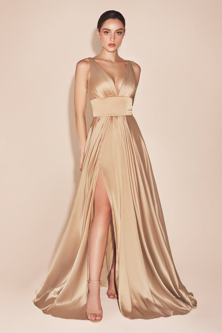 Long Satin V-Neck Dress with Slit by Cinderella Divine 7469