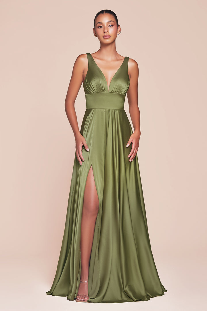 Long Satin V-Neck Dress with Slit by Cinderella Divine 7469