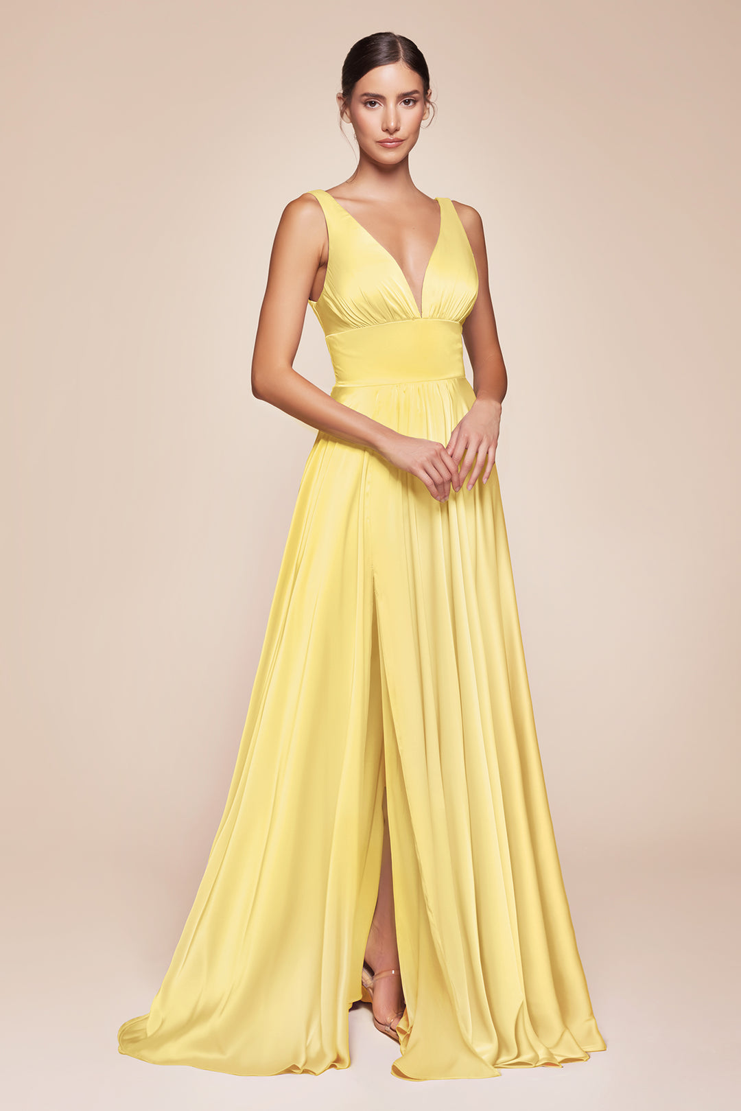 Long Satin V-Neck Dress with Slit by Cinderella Divine 7469