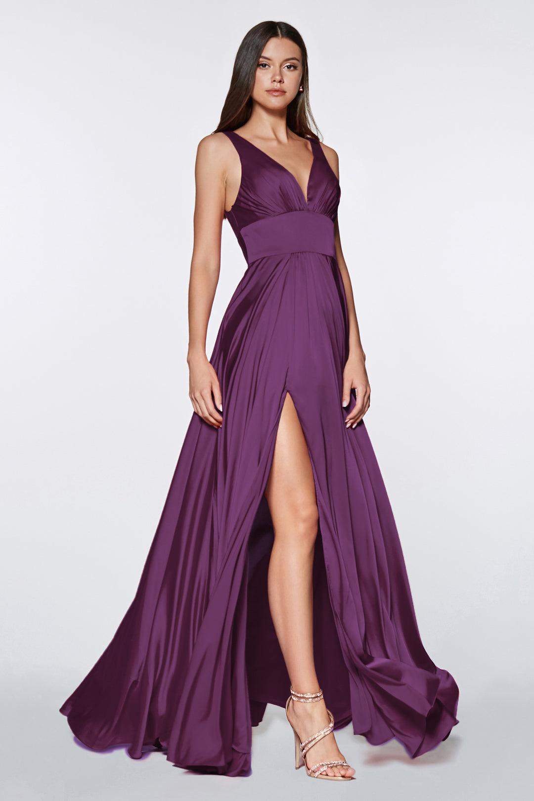 Long Satin V-Neck Dress with Slit by Cinderella Divine 7469