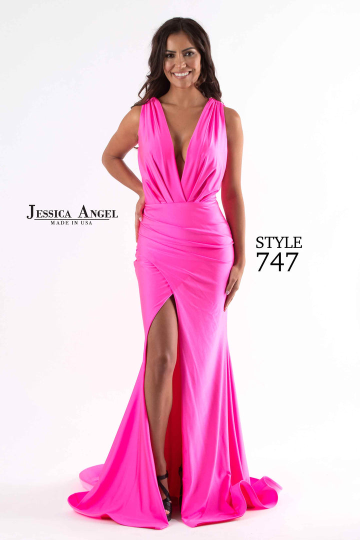 Jersey Fitted V-Neck Slit Gown by Jessica Angel 747
