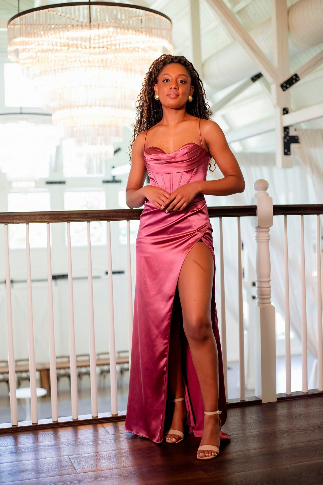 Fitted Satin Corset Cowl Slit Gown by Ladivine 7483