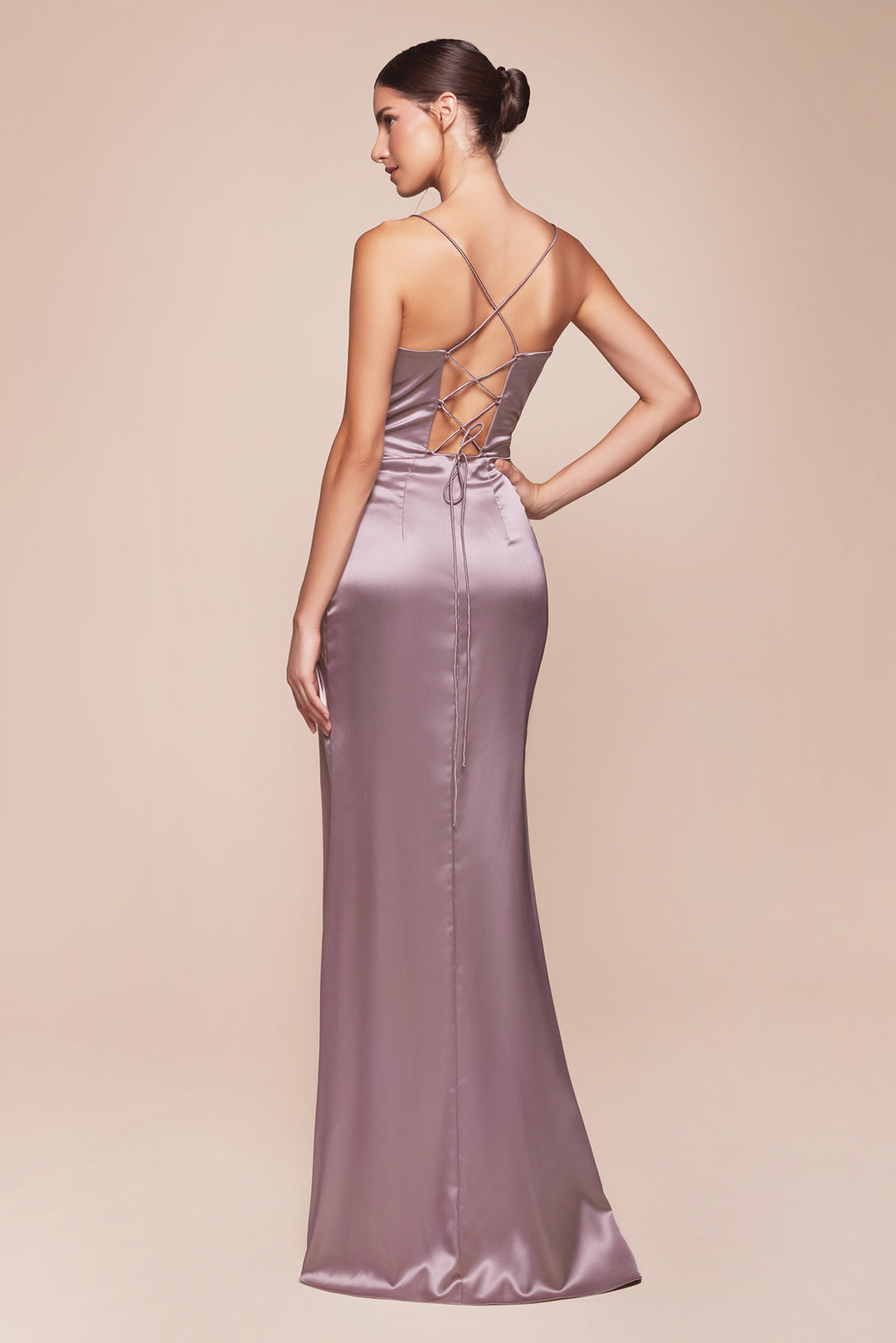 Fitted Satin Corset Cowl Slit Gown by Ladivine 7483