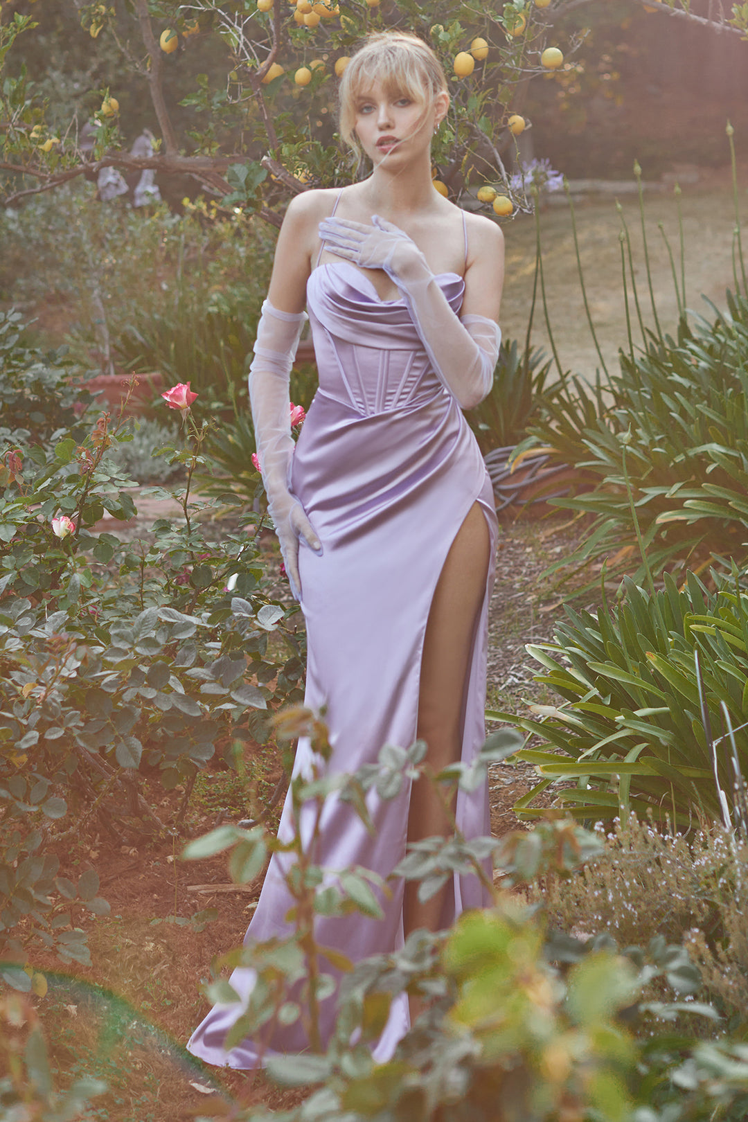 Fitted Satin Corset Cowl Slit Gown by Ladivine 7483 - Outlet