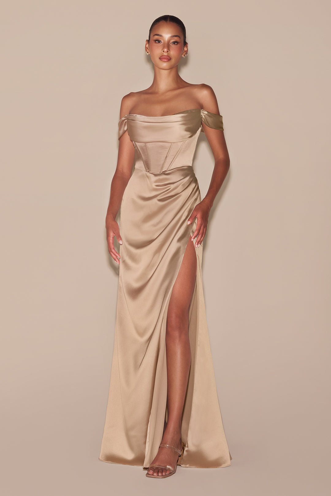Curve Satin Off Shoulder Corset Gown by Ladivine 7492C