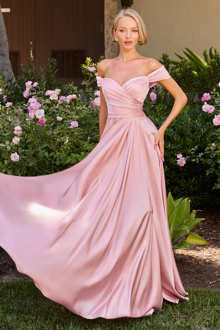 Long Off Shoulder A-line Satin Dress by Ladivine 7493