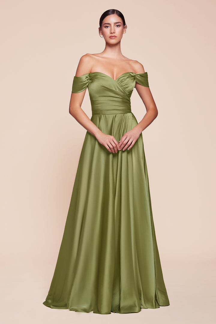 Long Off Shoulder A-line Satin Dress by Ladivine 7493