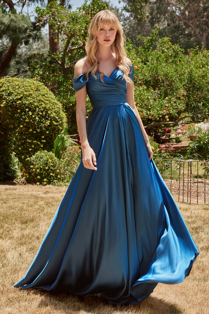 Long Off Shoulder A-line Satin Dress by Ladivine 7493 - Outlet