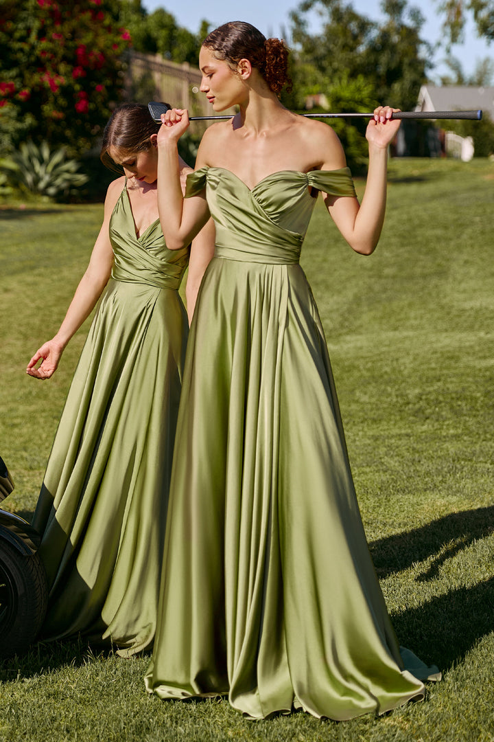 Curve Off Shoulder A-line Satin Gown by Ladivine 7493C