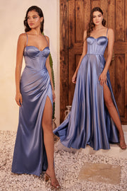 Satin Sleeveless Corset A-line Slit Gown by Ladivine CD337
