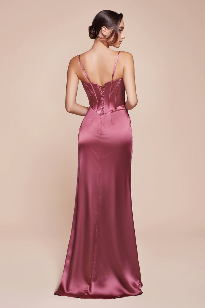 Fitted Satin Sleeveless Bustier Slit Gown by Ladivine 7495
