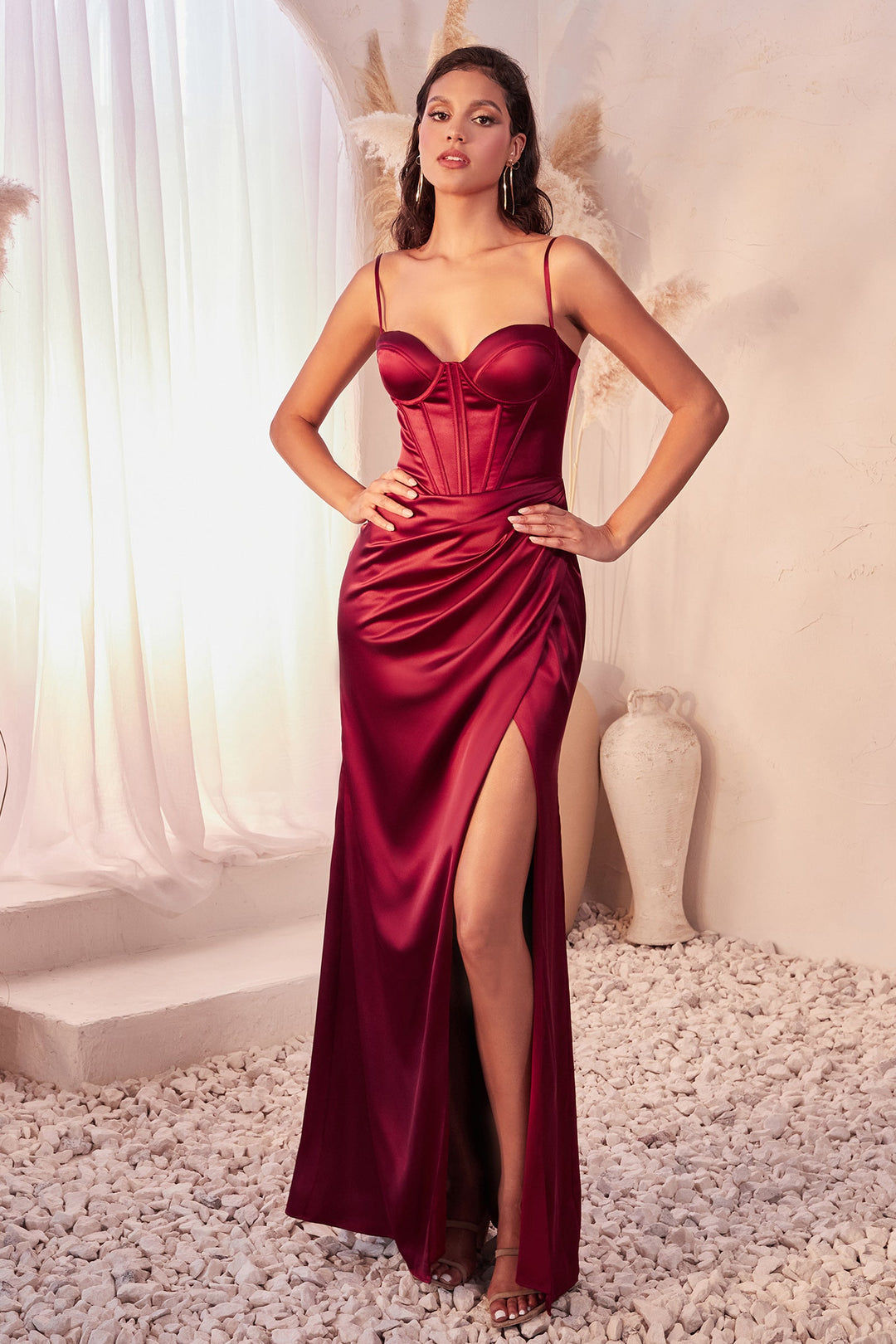 Fitted Satin Sleeveless Bustier Slit Gown by Ladivine 7495 - Outlet