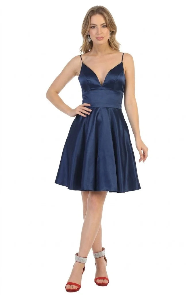 Satin Short V-Neck A-line Dress by May Queen MQ1770