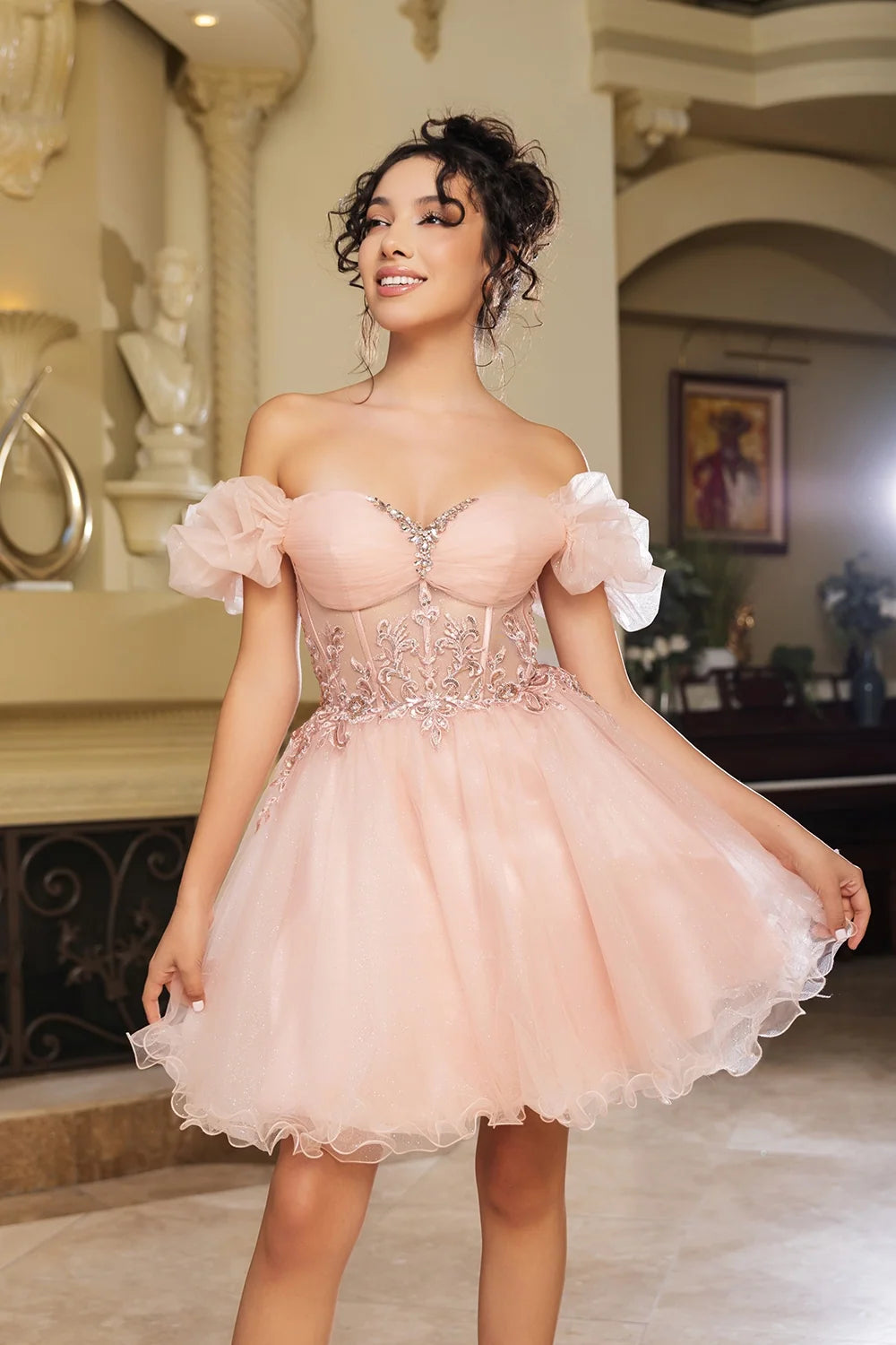 Short Off Shoulder Ruffled Dress by May Queen MQ2164
