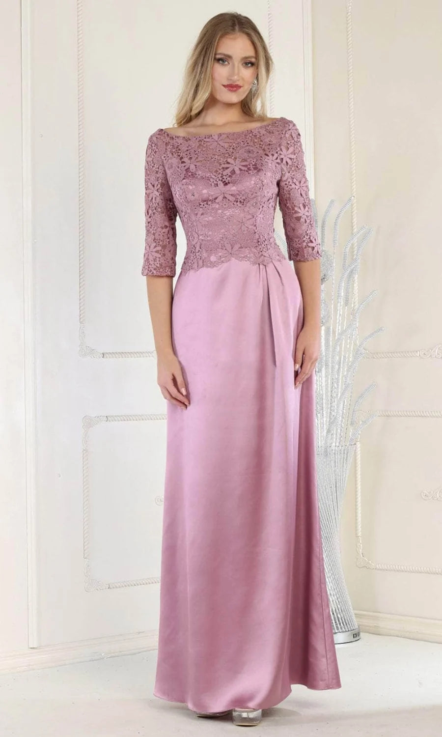 Applique Mid-Sleeve A-line Gown by May Queen MQ1969