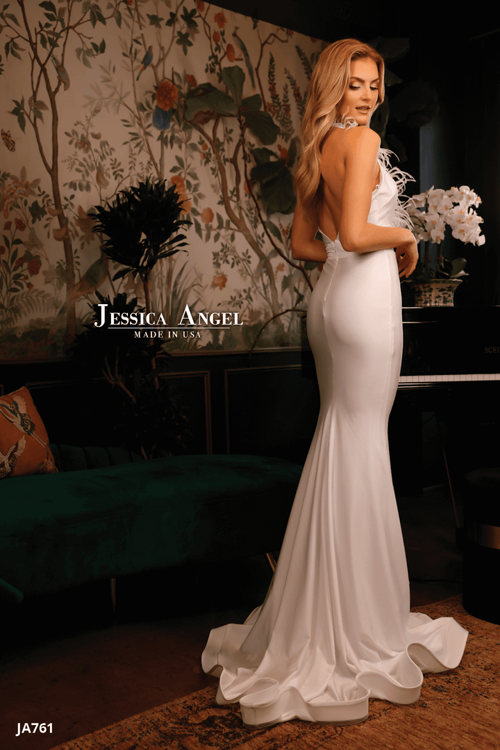 Feather Fitted Halter Gown by Jessica Angel 761