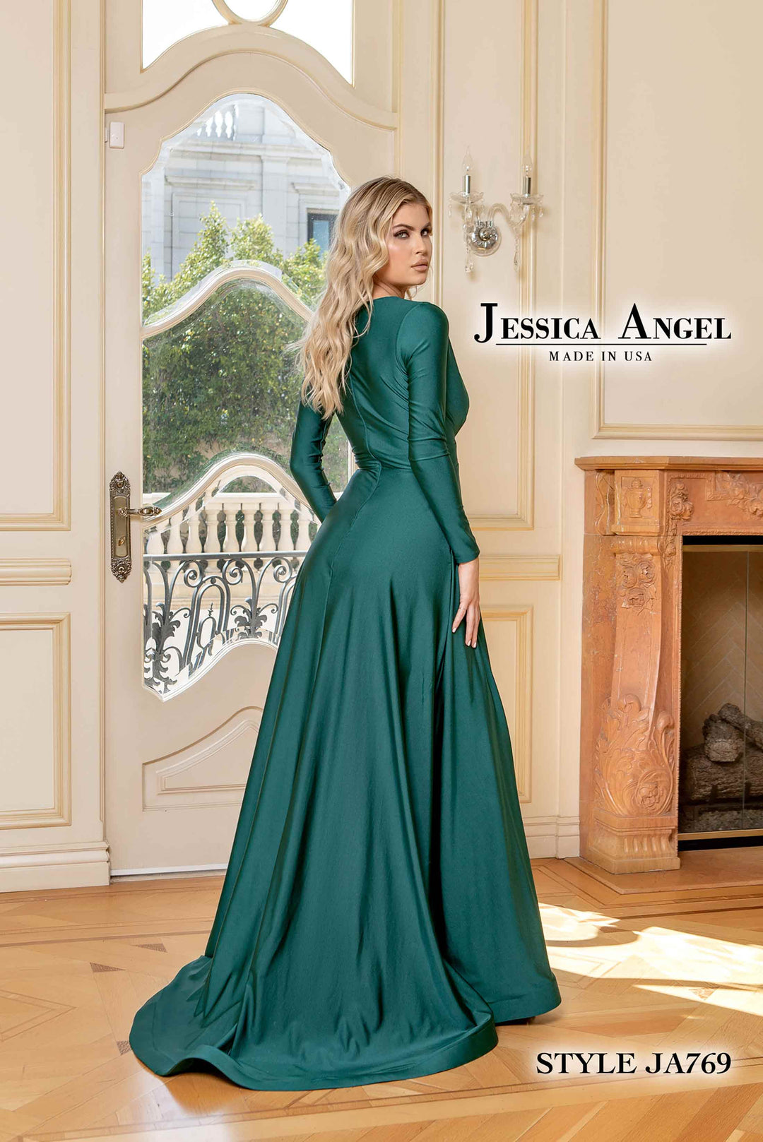 Jersey Long Sleeve A-line Slit Gown by Jessica Angel 769