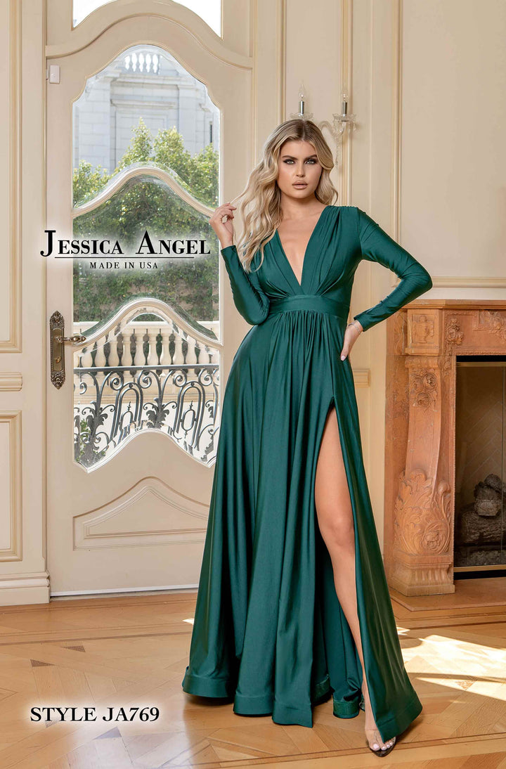 Jersey Long Sleeve A-line Slit Gown by Jessica Angel 769