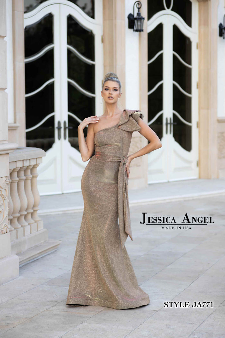 Metallic Fitted One Shoulder Gown by Jessica Angel 771
