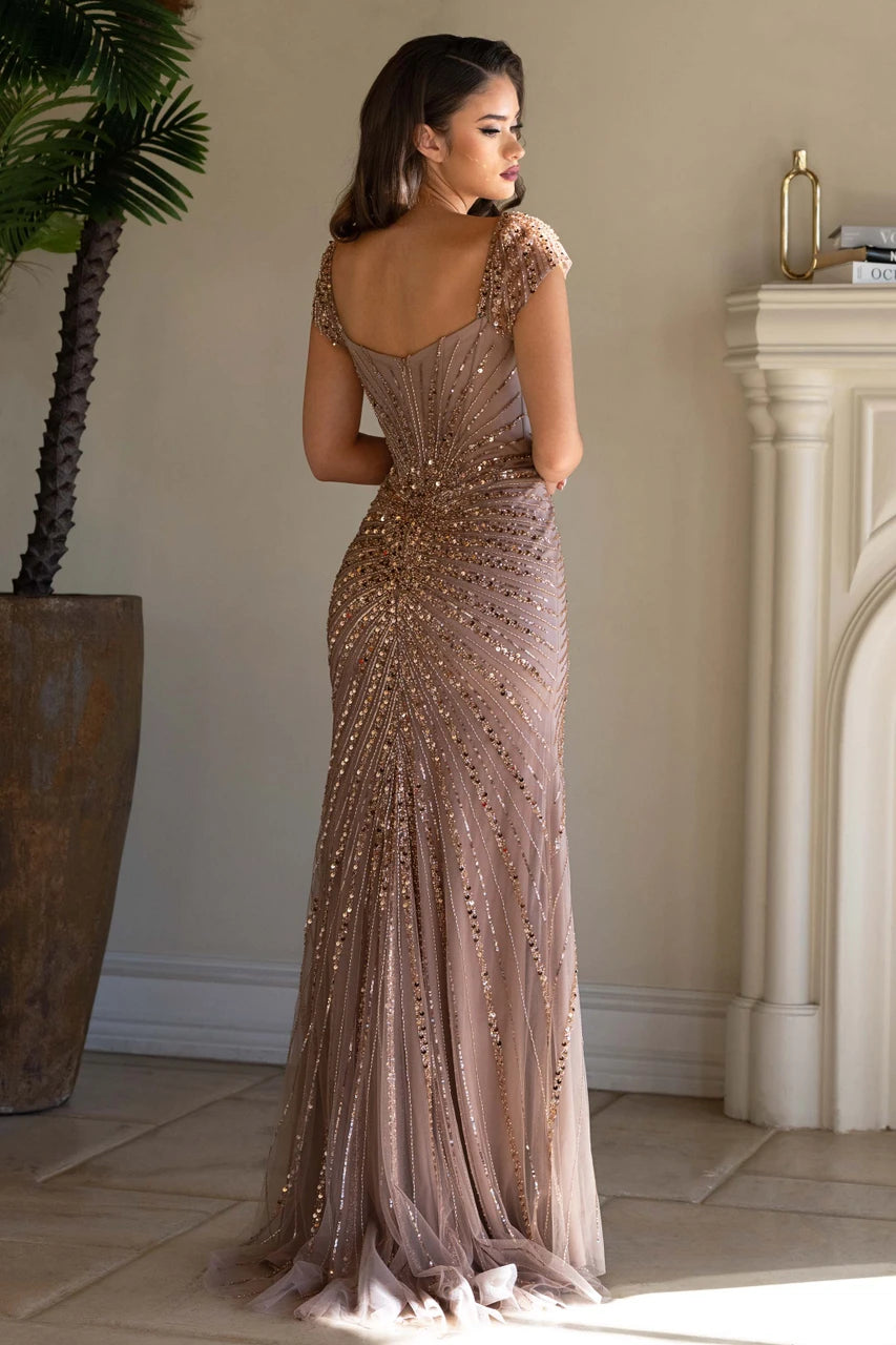 Beaded Fitted Short Sleeve Slit Gown by Lenovia 8456