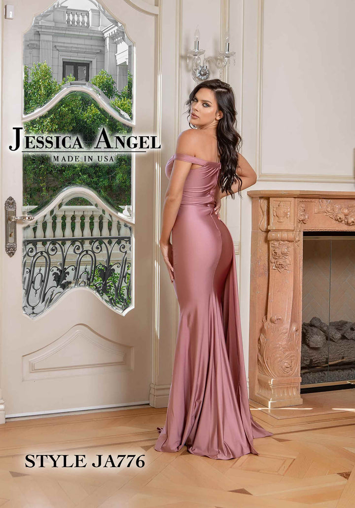 Jersey Off Shoulder Slit Gown by Jessica Angel 776