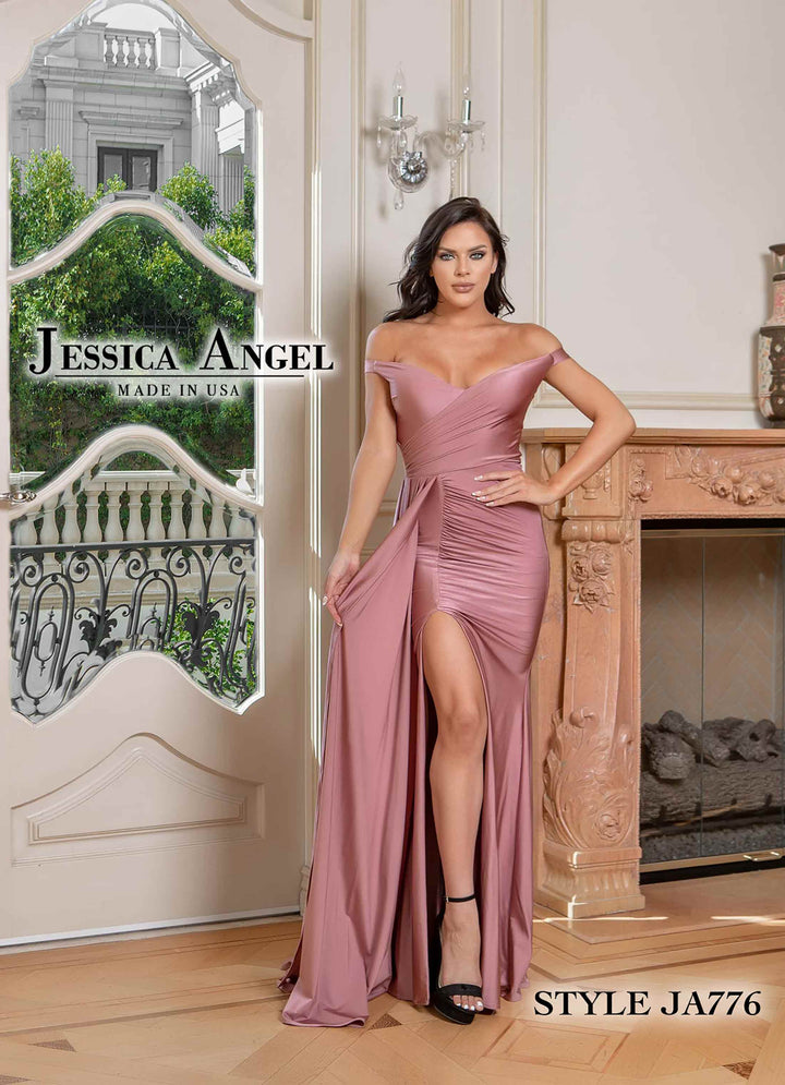 Jersey Off Shoulder Slit Gown by Jessica Angel 776