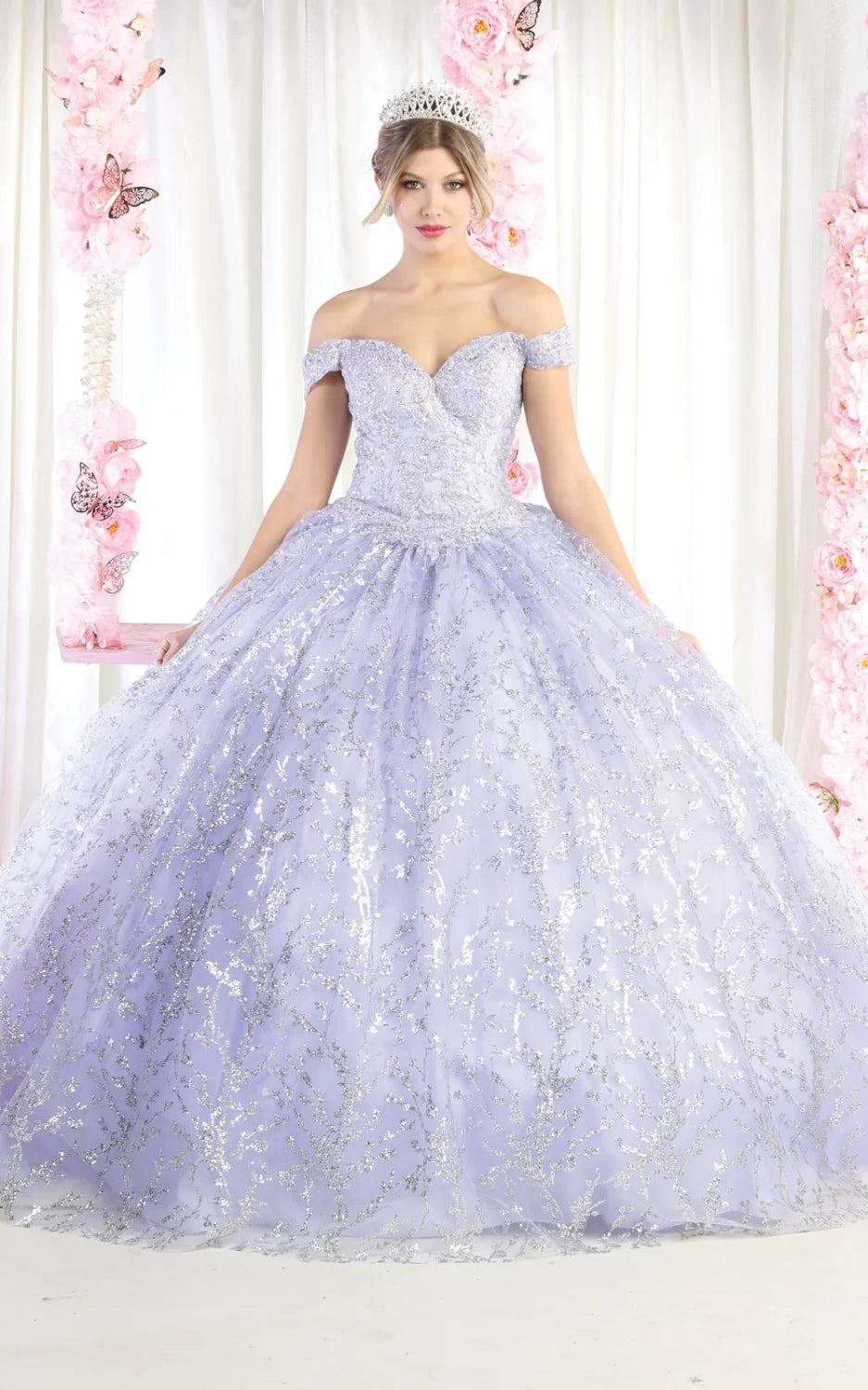 Glitter Off Shoulder Ball Gown by May Queen LK183