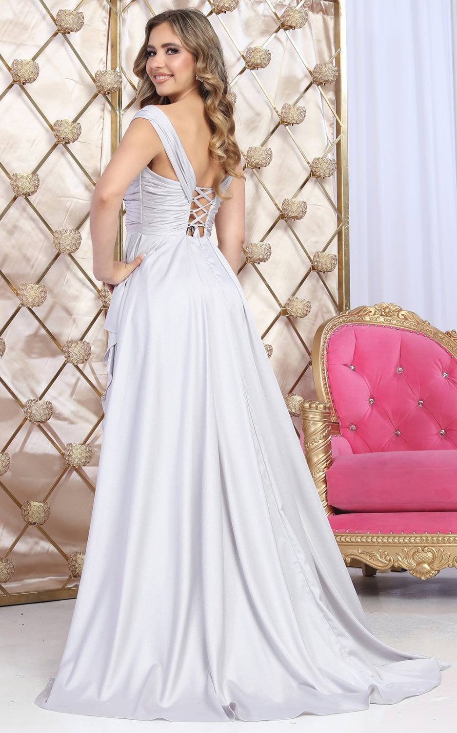 Taffeta Off Shoulder Slit Gown by May Queen MQ2056