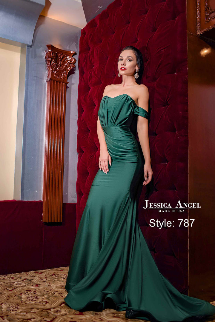 Jersey Fitted Off Shoulder Gown by Jessica Angel 787