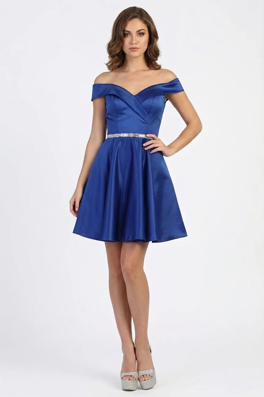 Satin Short Off Shoulder Dress by May Queen MQ1815