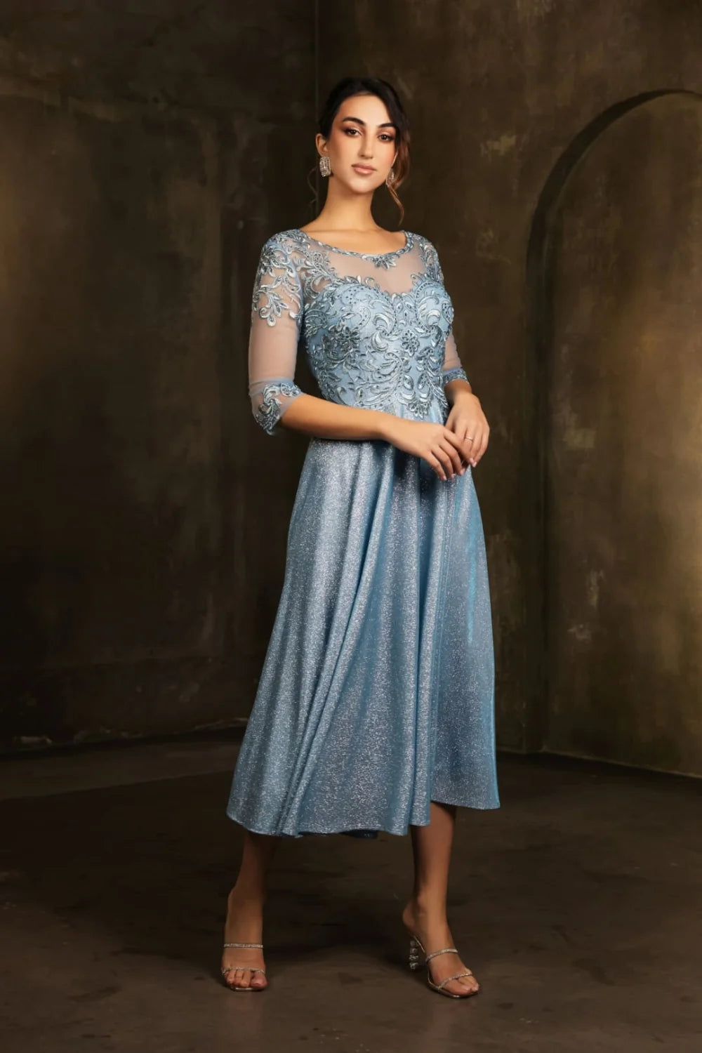 Mid-Sleeve Tea Length Dress by May Queen MQ2057